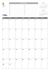 Üst kısımda YAPILACAKLAR listesi ile önceki/sonraki ay mini takvimleri bulunur. Alt kısımda 7 sütun × 5 satırlık aylık takvim yer alır – aylık takvim şablonu (Dikey).