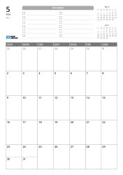 Oben befinden sich eine TO-DO-Liste und Mini-Kalender für den Vormonat und Folgemonat. Unten steht ein Monatskalender im 7-Spalten × 5-Zeilen-Layout – Monatskalender-Vorlage (Hochformat).