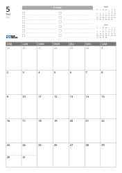 En haut se trouvent une liste À FAIRE et des mini-calendriers du mois précédent et du mois suivant. En bas, un calendrier mensuel en grille 7 colonnes × 5 lignes – modèle de calendrier mensuel (Vertical).