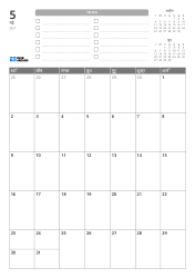 ऊपर TO-DO सूची और पिछले/अगले महीने के मिनी कैलेंडर हैं। नीचे 7 कॉलम × 5 पंक्तियों का मासिक कैलेंडर है — मासिक कैलेंडर टेम्पलेट (वर्टिकल)।