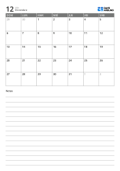 Plantilla de calendario mensual en formato vertical con una cuadrícula mensual 7×5 en la mitad superior y un amplio espacio de notas con líneas en la mitad inferior.