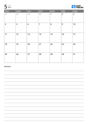 Monatskalendervorlage im Hochformat mit einer 7×5-Monatsübersicht oben und einem breiten linierten Notizbereich unten.