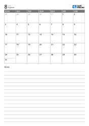 Modelo de calendário mensal vertical com uma grade mensal 7×5 na metade superior e um amplo espaço de notas com linhas na metade inferior.