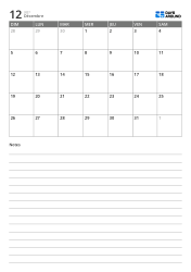 Modèle de calendrier mensuel au format portrait avec une grille mensuelle 7×5 sur la moitié supérieure et un large espace de notes ligné sur la moitié inférieure.