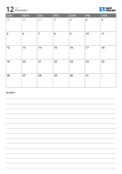 Monatskalendervorlage im Hochformat mit einer 7×5-Monatsübersicht oben und einem breiten linierten Notizbereich unten.