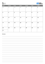 Monatskalendervorlage im Hochformat mit einer 7×5-Monatsübersicht oben und einem breiten linierten Notizbereich unten.