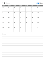 Monatskalendervorlage im Hochformat mit einer 7×5-Monatsübersicht oben und einem breiten linierten Notizbereich unten.