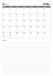 Monatskalendervorlage im Hochformat mit einer 7×5-Monatsübersicht oben und einem breiten linierten Notizbereich unten.