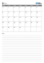 Modello di calendario mensile verticale con una griglia mensile 7×5 nella metà superiore e un ampio spazio note a righe nella metà inferiore.