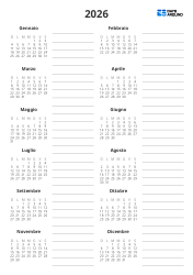 Calendario annuale 2 colonne × 6 righe, con uno spazio per note a destra di ogni mini calendario – modello di calendario annuale (verticale)