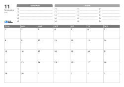 En la parte superior hay prioridades y una lista de TAREAS; en la parte inferior, un calendario mensual 7 × 5 – plantilla (Horizontal).