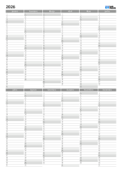 Calendário anual para impressão com layout dividido em semestres e amplo espaço para notas (vertical)