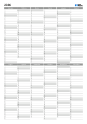 Calendario annuale stampabile con layout suddiviso in due semestri e ampio spazio per note (verticale)