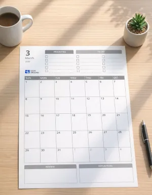 A printable layout with a monthly calendar, priorities, to-do list, and reflection space