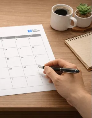 Writing schedules on a monthly calendar and organizing plans on a desk